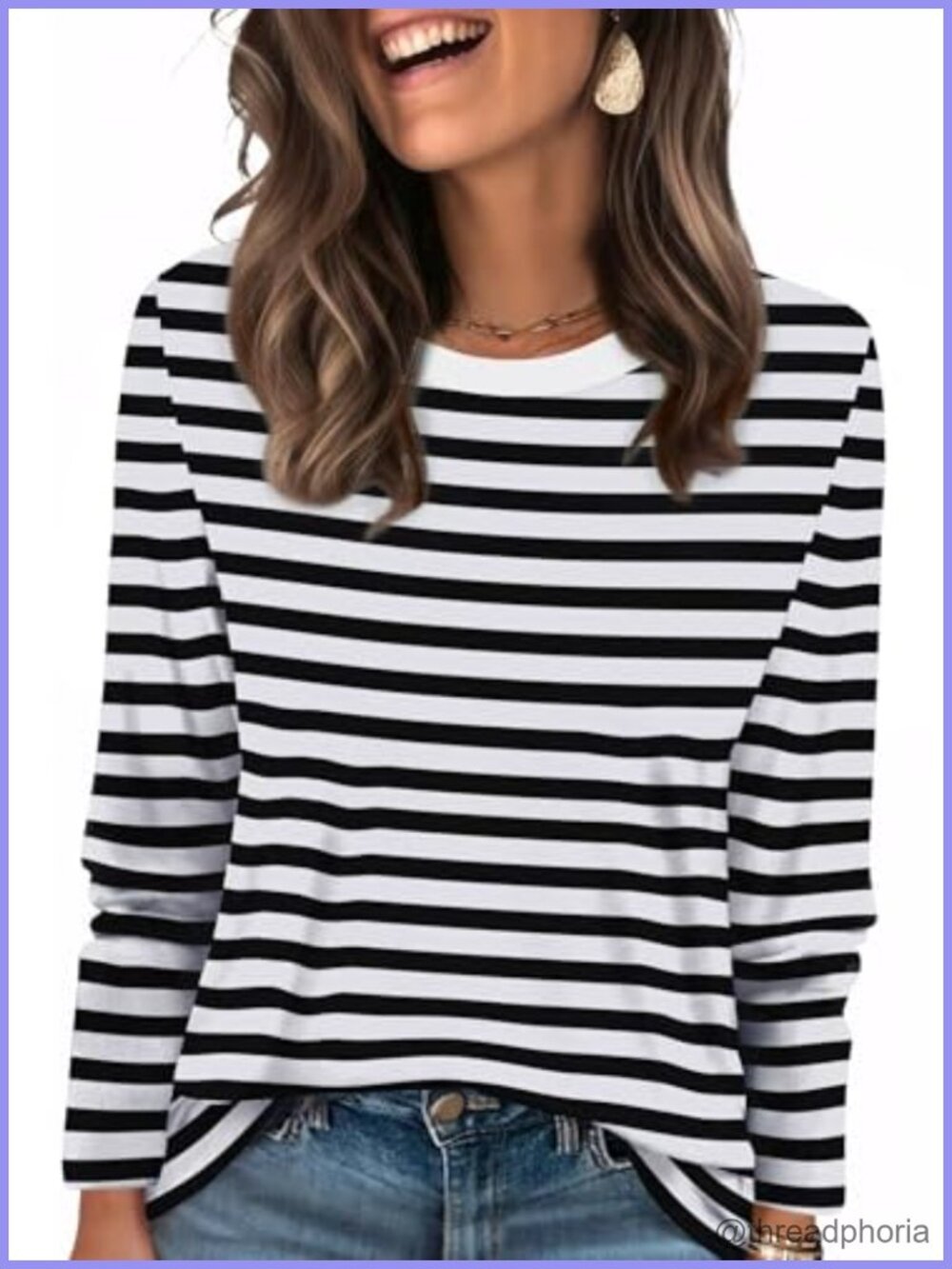Womens Ribbed Crewneck Striped Long Sleeve T-Shirt Loose Fit Casual Top